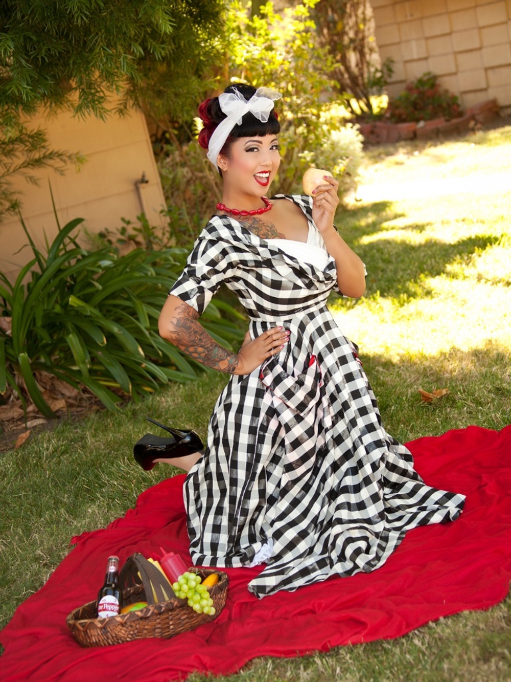 Vintage 50's Black & White Gingham Dress with 3/4 Sleeves and Red Accents- Small